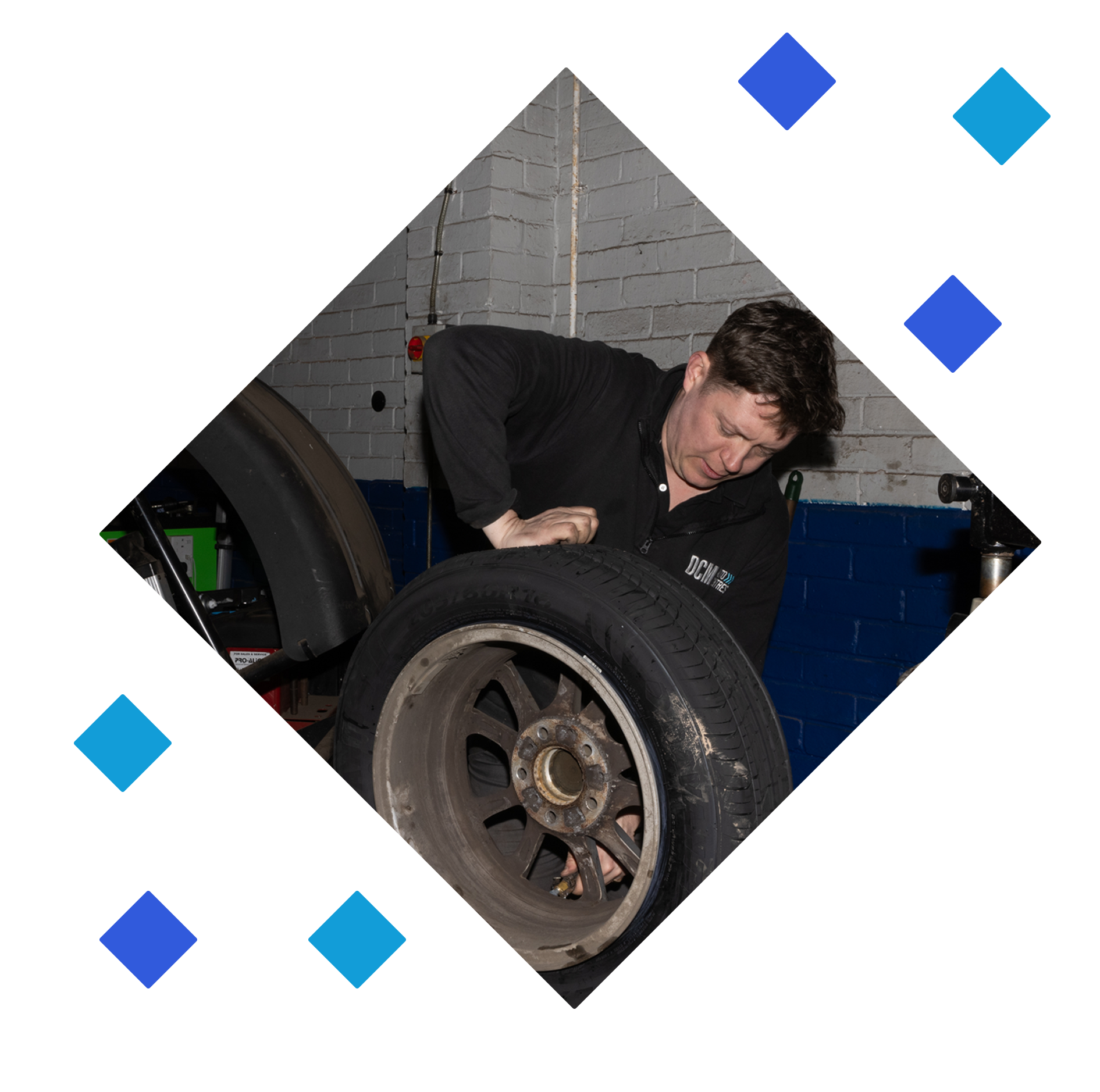 Garage crew fitting tyres on a car in Shaftesbury and Blandford